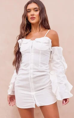 Cream Linen Look Frill Bardot Bodycon Dress