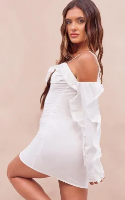 Cream Linen Look Frill Bardot Bodycon Dress