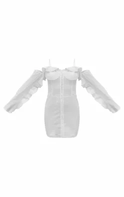 Cream Linen Look Frill Bardot Bodycon Dress