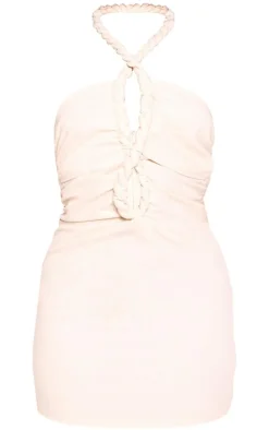 Cream Linen Look Plait Detail Bodycon Dress