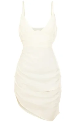 Cream Linen Look Plunge Pleated Detail Strappy Bodycon Dress