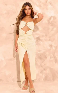 Cream Linen Look Trim Detail Cut Out Maxi Dress