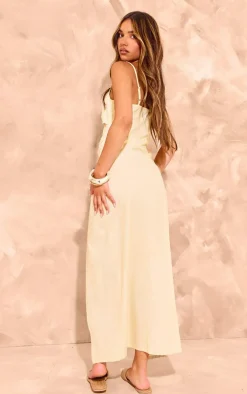Cream Linen Look Trim Detail Cut Out Maxi Dress