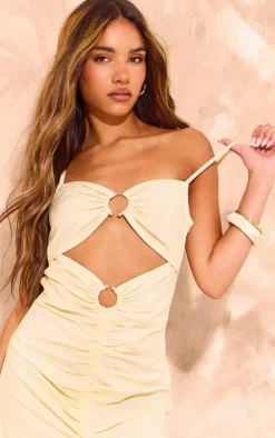 Cream Linen Look Trim Detail Cut Out Maxi Dress