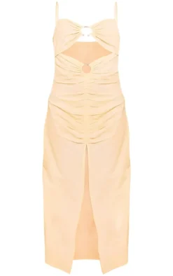 Cream Linen Look Trim Detail Cut Out Maxi Dress