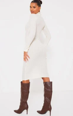 Cream Long Sleeve High Neck Knot Front Midaxi Dress