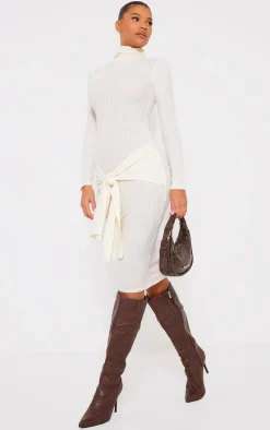 Cream Long Sleeve High Neck Knot Front Midaxi Dress