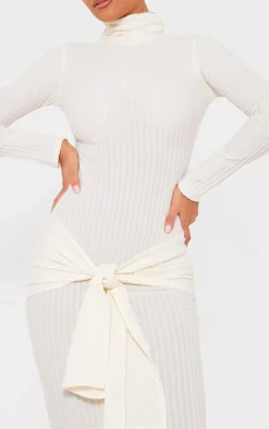 Cream Long Sleeve High Neck Knot Front Midaxi Dress