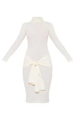 Cream Long Sleeve High Neck Knot Front Midaxi Dress