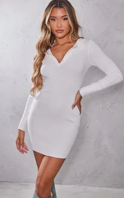 Cream Long Sleeve Ribbed Knitted Bodycon Mini Dress
