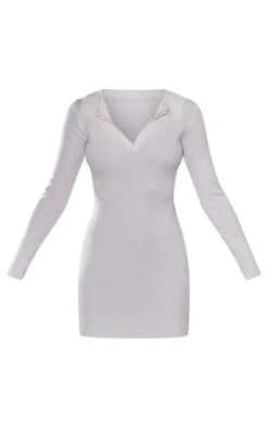 Cream Long Sleeve Ribbed Knitted Bodycon Mini Dress