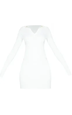 Cream Long Sleeve Ribbed Knitted Bodycon Mini Dress