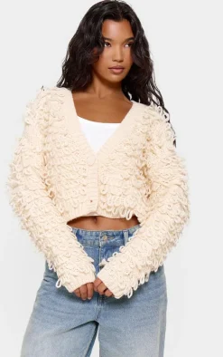 Cream Loop Knit V Neck Button Up Cardigan