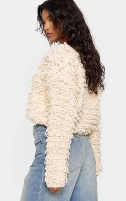 Cream Loop Knit V Neck Button Up Cardigan