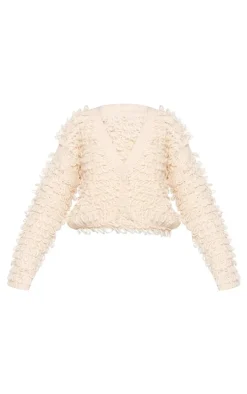 Cream Loop Knit V Neck Button Up Cardigan