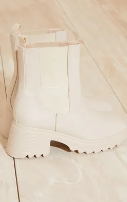 Cream Matte PU Chelsea Heeled Ankle Boots