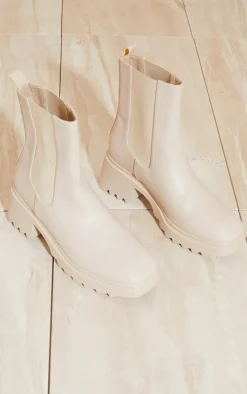 Cream Matte PU Chelsea Heeled Ankle Boots
