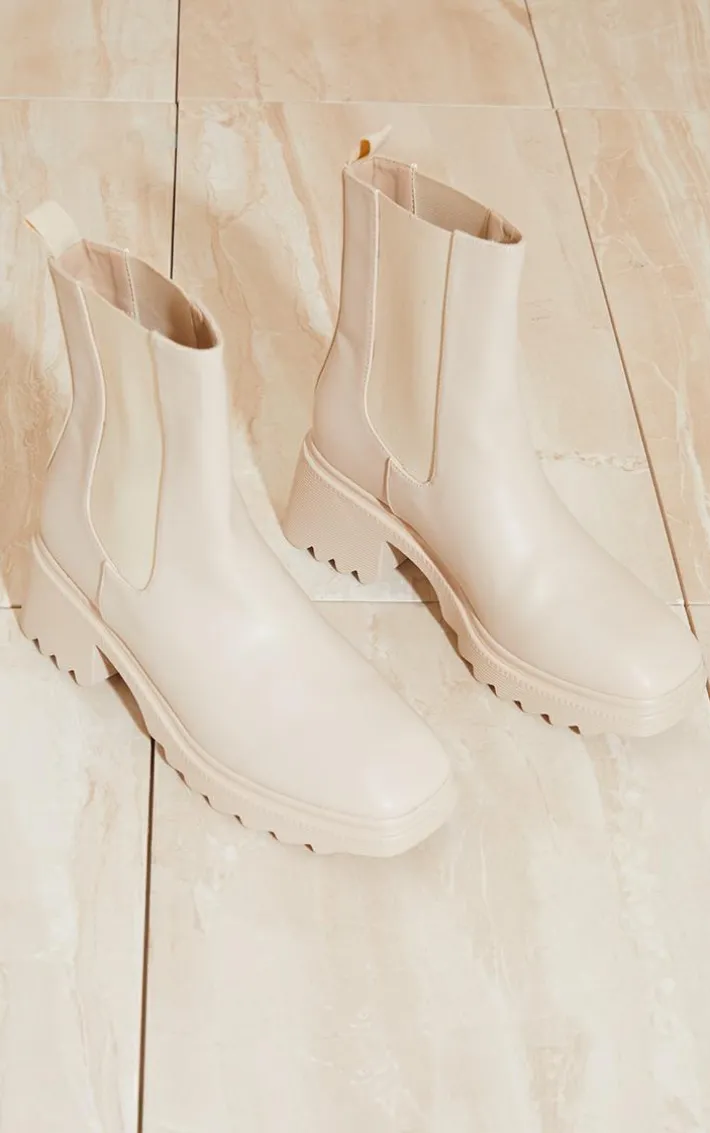 Cream Matte PU Chelsea Heeled Ankle Boots