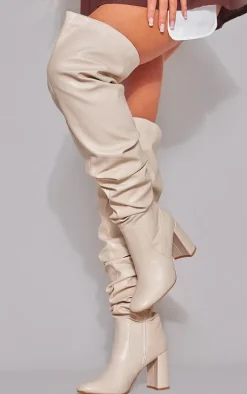 Cream Matte Pu Round Toe Ruched Over The Knee Block Heeled Boots