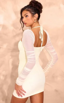 Cream Mesh Long Sleeve Ruched Cup Detail Mini Dress