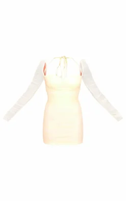 Cream Mesh Long Sleeve Ruched Cup Detail Mini Dress