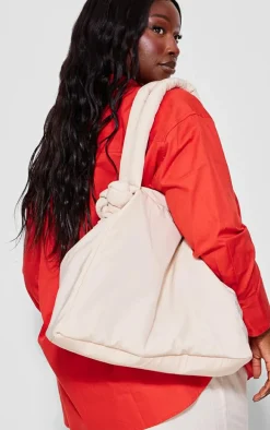 Cream Nylon Padded Tube Handle Tote Bag