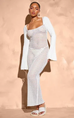 Cream Open Crochet Scoop Back Maxi Dress