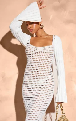 Cream Open Crochet Scoop Back Maxi Dress