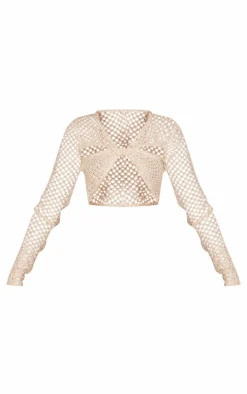 Cream Open Crochet Sequin Knit Crop Top