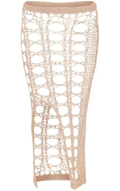 Cream Open Knit Crochet Split Maxi Skirt