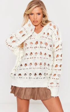 Cream Open Knit Slouchy Neck Sweater