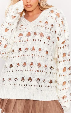 Cream Open Knit Slouchy Neck Sweater