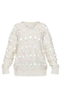 Cream Open Knit Slouchy Neck Sweater