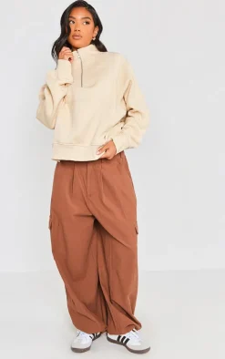 Cream Panel Detail Zip Up Pocket Sweatshirt