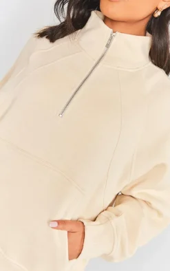 Cream Panel Detail Zip Up Pocket Sweatshirt