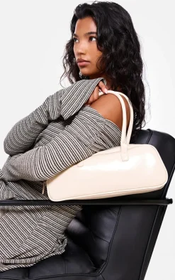 Cream Patent PU Baguette Shoulder Bag
