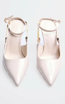 Cream Patent Pu Point Toe Gold Chain Court Heels