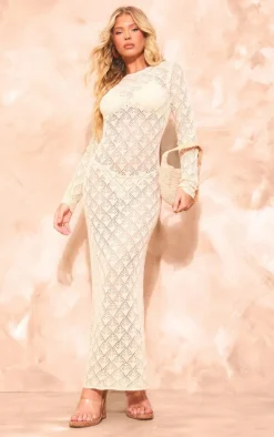 Cream Patterned Crochet Long Sleeve Maxi Dress