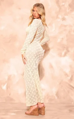 Cream Patterned Crochet Long Sleeve Maxi Dress