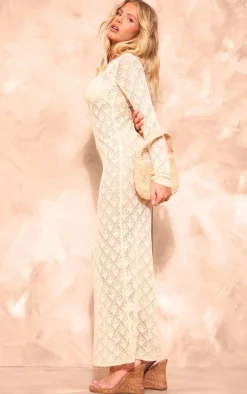 Cream Patterned Crochet Long Sleeve Maxi Dress