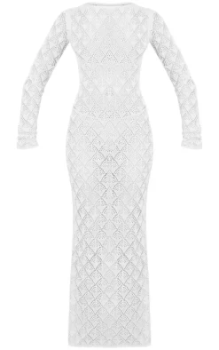 Cream Patterned Crochet Long Sleeve Maxi Dress