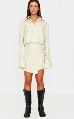 Cream Pinstripe Wrap Shift Dress