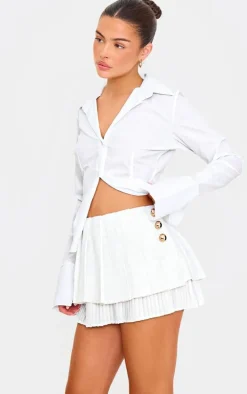 Cream Pleated Textured Boucle Mini Skirt
