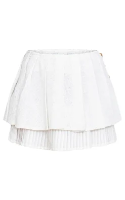 Cream Pleated Textured Boucle Mini Skirt