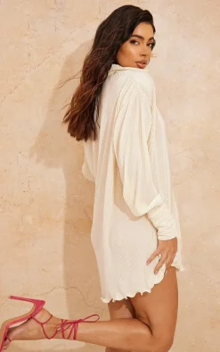 Cream Plisse Frill Hem Shirt Dress