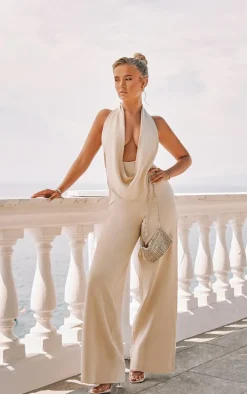 Cream Plunge Cowl Neck Drape Jumpsuit