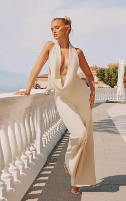 Cream Plunge Cowl Neck Drape Jumpsuit