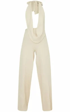 Cream Plunge Cowl Neck Drape Jumpsuit