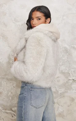 Cream Plush Faux Fur Collar Detail Coat