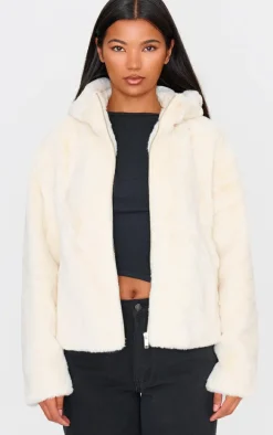 Cream Plush Faux Fur Hooded Zip Up Jacket